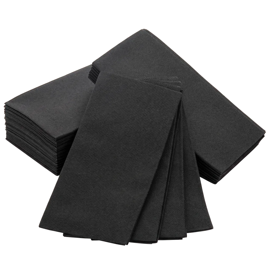 Stacks and folded arrangements of textured black Singular napkins